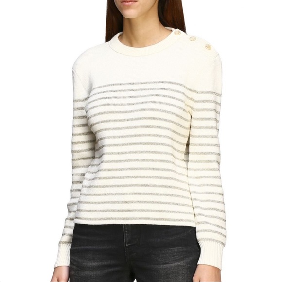 SAINT LAURENT Striped Sweater - Ivory / Gold Metallic - Size Small - Picture 1 of 11